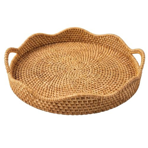 AEIRISSE 14" Round Scalloped Rattan Tray | Handwoven Decorative Tray with Handles for Coffee Table, Ottoman, Bathroom Vanity, Kitchen & Tea Serving – Boho Farmhouse Home Décor & Organization | Amazon (US)