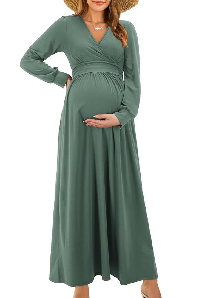 OUGES Fall Maternity Maxi Dress Long Sleeve Wrap V Neck Baby Shower Pregnancy Dresses for Photosh... | Amazon (US)