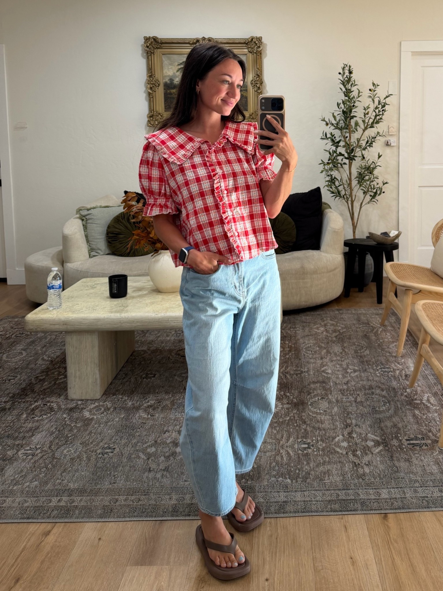 cutest summer fit!
the plaid top is a very breathable material and  AMAZING quality, still wearable for summer in arizona!! i love these barrel jeans because they aren’t TOO barrel and make me look bow-legged lol. 
the flip flops in the photo i actually got from Shop Stevie but the Old Navy ones are so cute and very similar!

#LTKootd #LTKPetite #LTKmomlife