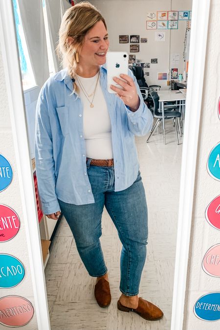 Casual teacher outfit 
Button down 
Jeans 
Mules

My button down is from last summer from Target but I’ll link their current version! 

#LTKmidsize #LTKSeasonal #LTKworkwear