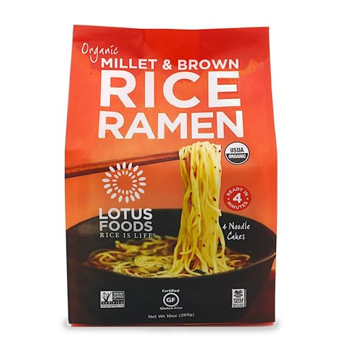 Lotus Foods Organic Millet and Brown Rice Ramen Noodles - Gluten Free Instant Ramen Noodles, Vegan, Low Sodium, Made with Brown Rice Flour and Millet Flour, Ready in 4 Minutes - 10 Oz Bag (Pack of 1) | Amazon (US)