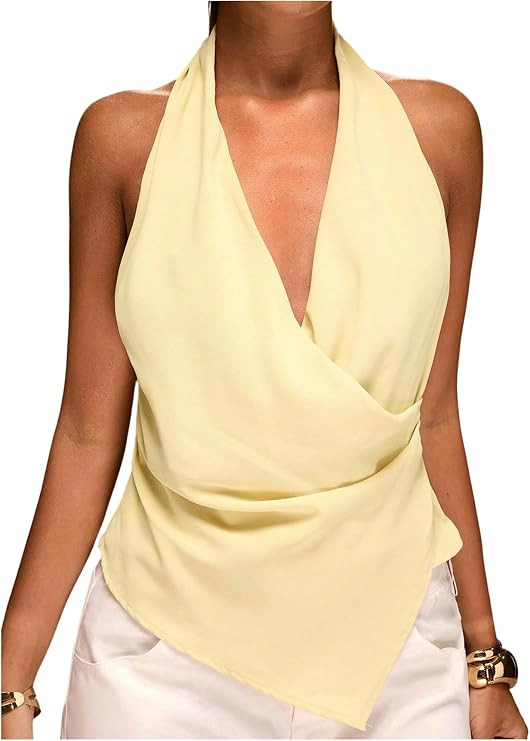 OYOANGLE Women's Y2K Draped Halter Tops Asymmetrical Hem Sleeveless Backless Wrap Front Going Out... | Amazon (US)
