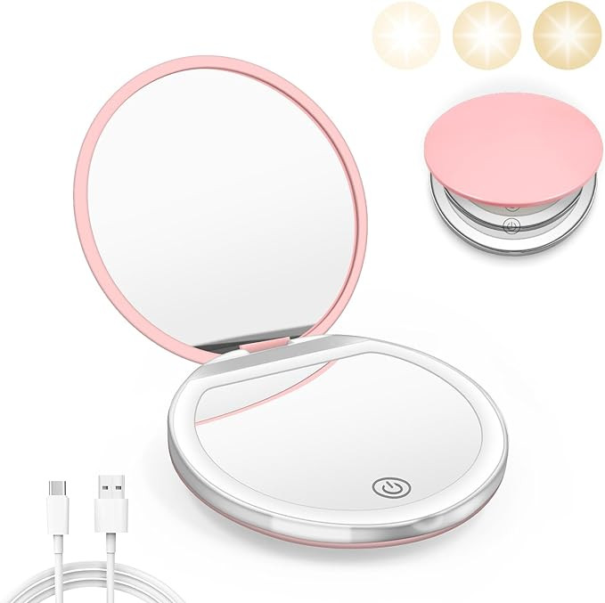 Compact Mirror with Light, 1X/3X Magnification LED Pocket Mirror with USB Data Cable, Pink Mini M... | Amazon (US)