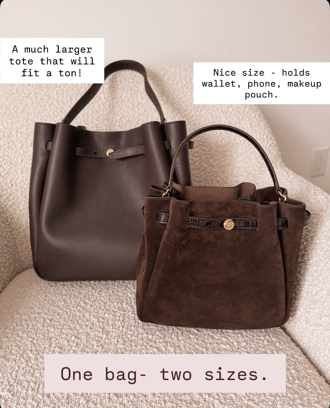 Same chic silhouette, two perfect sizes. The larger tote fits everything for busy days, and the smaller one holds the essentials while still looking polished.

brown leather tote, everyday work bag, neutral handbag, affordable luxury look, classic bucket bag style, work and weekend bag, elevated basics, timeless accessories

#LTKWorkwear #LTKSeasonal #LTKOver40