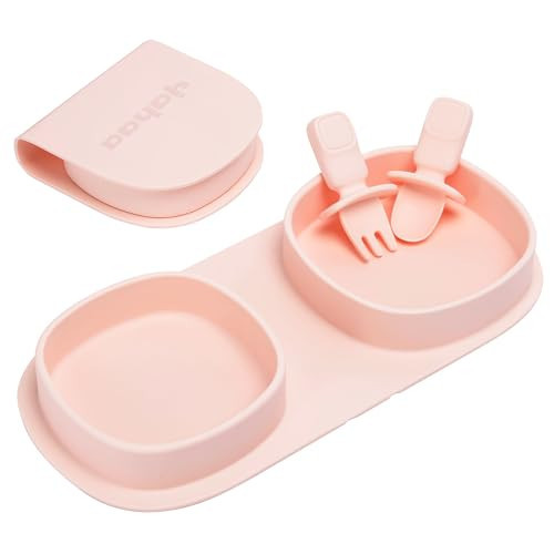 yahaa Toddler Plates Travel Essential on the go,Baby Plates with Forks and Spoons Self Feeding 6 months,Foldable,Silicone,BPA Free,Blush | Amazon (US)