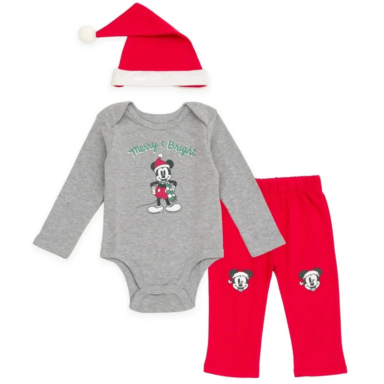 Disney Mickey Mouse Christmas Bodysuit, Pants and Velour Santa Hat 3 Piece Outfit Set Newborn to ... | Walmart (US)