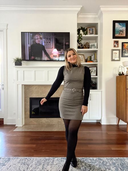 You’ve got mail outfit 
Dress - size small, runs true to size. Slim fit but it has stretch!
Mockneck top - such a good staple!
Tights - pricey but they last
Loafers - ran a little small on me, size up a half size 

#LTKSeasonal #LTKsalealert #LTKunder100