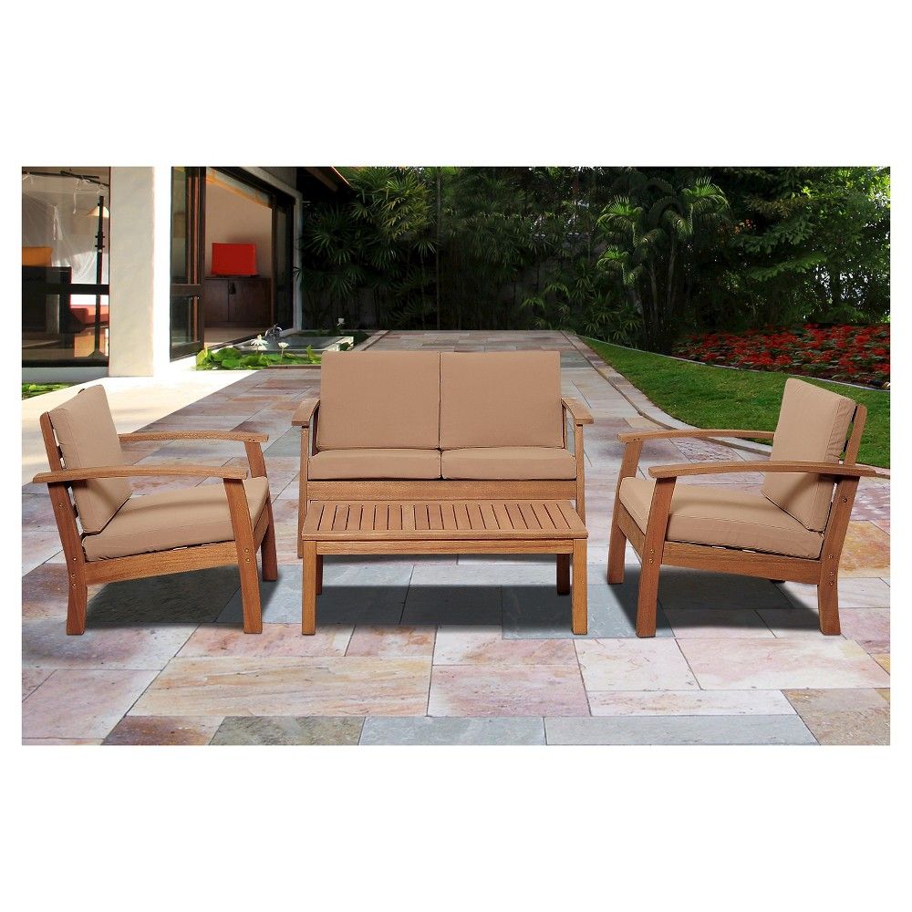 Laguna Beach 4-Piece Eucalyptus Wood Patio Set with Khaki Cushions - Brown | Target