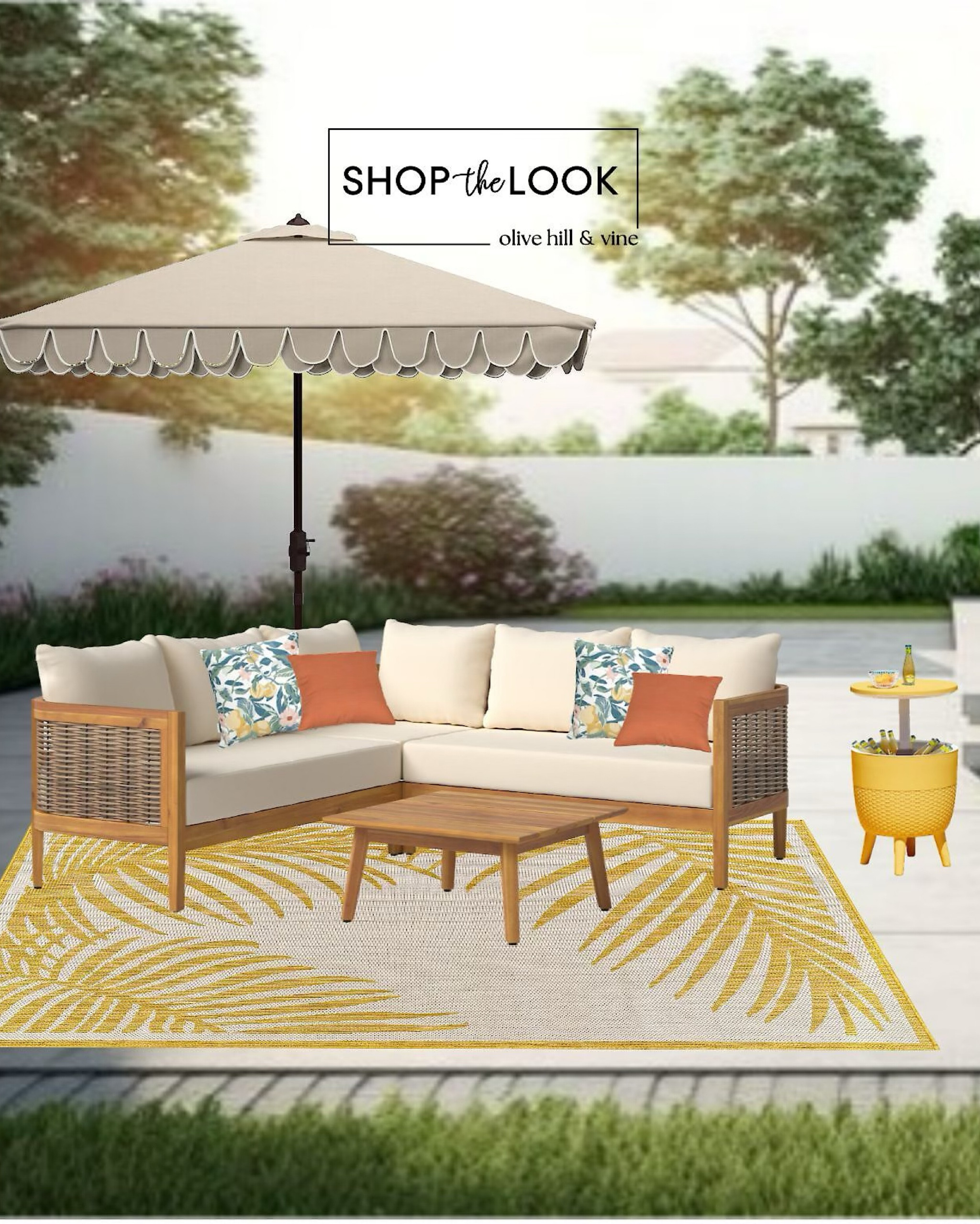 Introducing our chic outdoor patio: a 5-person sectional with wicker accents and water-resistant cushions, complemented by coral and fruit/floral pillows. A vibrant yellow rug with palm leaves adds a tropical vibe, while a beige and white scalloped umbrella provides shade. The resin 2-in-1 side table/cooler is the perfect finishing touch! 

#LTKStyleTip #LTKHome #LTKFamily