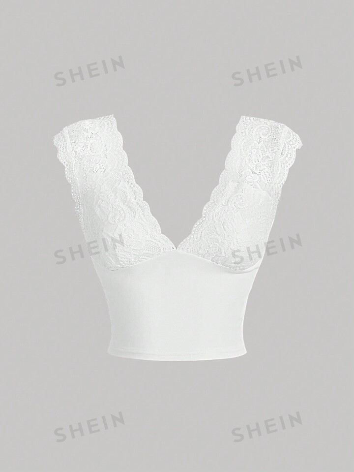 SHEIN MOD Patchwork Lace V-Neck Cropped Camisole Top | SHEIN