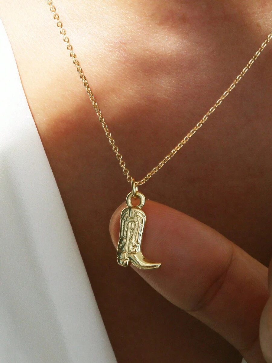 1pc 40+5cm Punk Vintage Stainless Steel Golden Western Cowboy Boot Pendant Necklace For Women Dai... | SHEIN