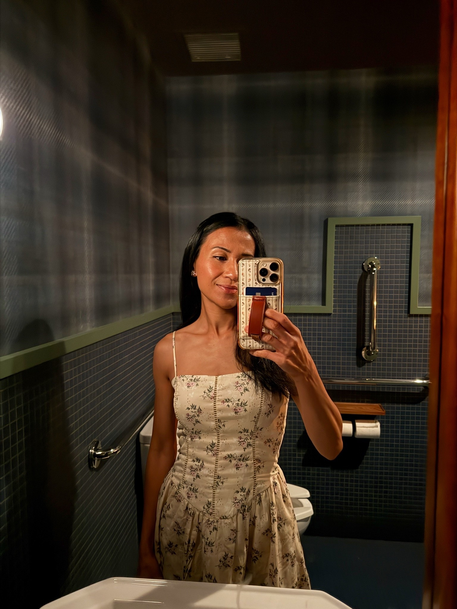 date night outfit idea: 
bathroom selfie on our date night 🫣 but wanted to share my dress. something a little flirty and just $35. lightweight cotton, beautiful ladder lace insert accents and delicate floral print. wearing XXS — it isn’t as short on me compared to the model because i’m 5’2”. Paired it with these simulated pearl studs. #datenightoutfit

#LTKPetite