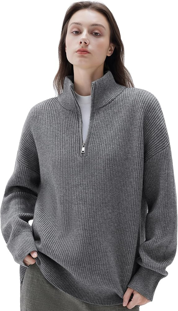 SUUKSESS Women Cashmere Oversized Quarter Zip Pullover Sweater Long Sleeve Collared Ribbed Knit J... | Amazon (US)