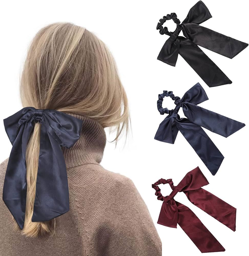 Hair Scrunchies with Bow Elastic Hair Ribbons Satin Hair Ties Bowknot Ponytail Holder Hair Scarf ... | Amazon (US)