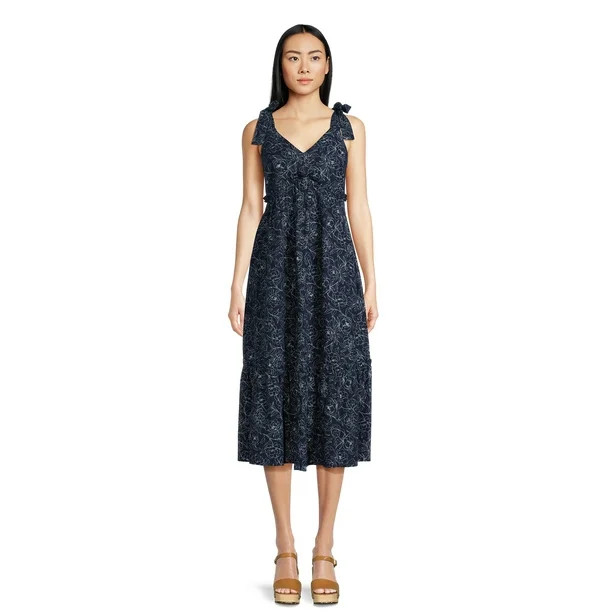 Time and Tru Women's V-Neck Tie Strap Midi Dress | Walmart (US)