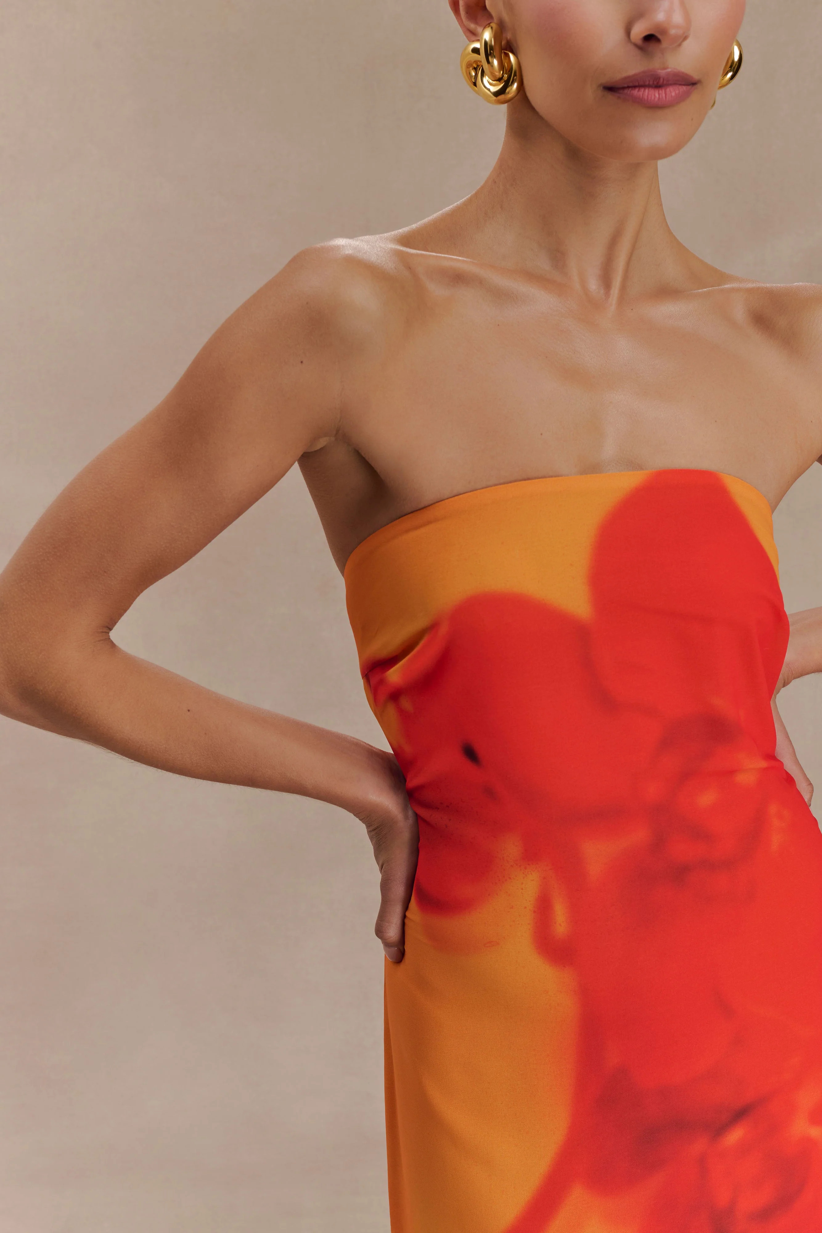 Amaya Strapless Chiffon Maxi Dress - Koi Orchid Print | MESHKI US