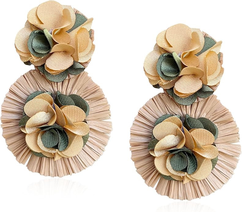 Raffia Flower Earrings Raffia Straw Wrapped Hot Pink Flower Drop Dangle Earrings Summer Tropical ... | Amazon (US)