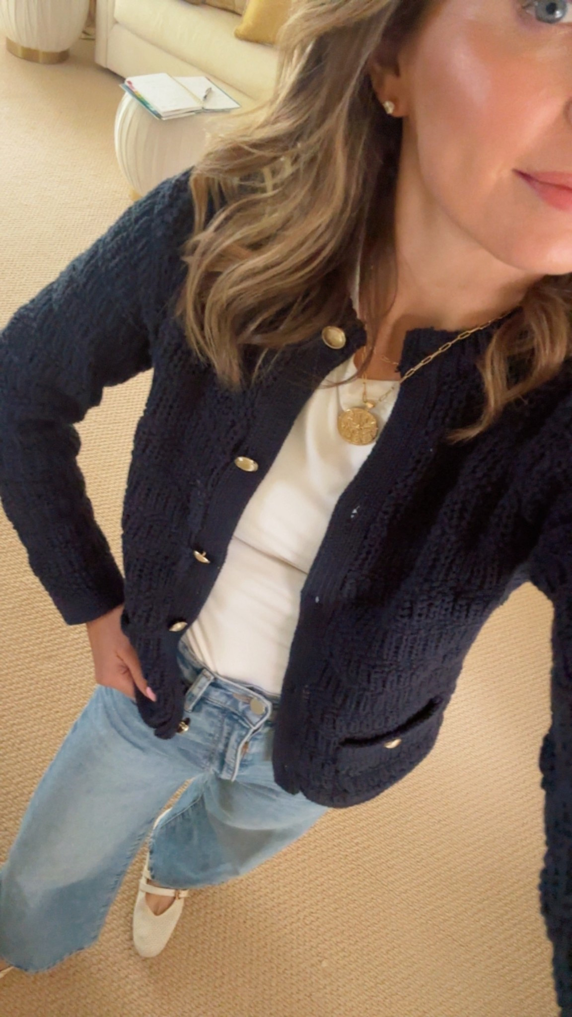 Spring ootd. Perfect jeans and navy white cardigan for layering 