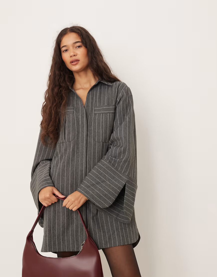 ASOS DESIGN mini shirt dress with wide cuffs and oversized pockets in gray pinstripe | ASOS (Global)