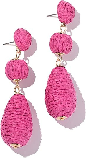 Boho Raffia Earrings Statement Dangle Earrings Cute Teardrop Ball Earrings Colorful Summer Jewelr... | Amazon (US)