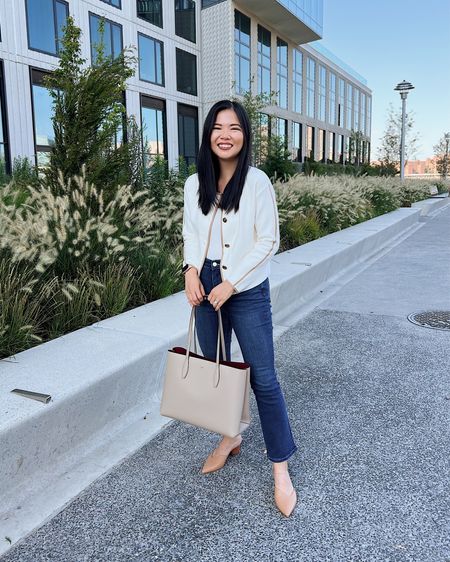 Cream cardigan (XS)
White seamless tank top (XS)
High waisted jeans (4P)
Dark wash jeans
Taupe tote bag
Kate Spade tote bag
Brown mule pumps
Smart casual outfit
Business casual outfit
Work outfit
Transitional outfit
Teacher outfit
Ann Taylor outfit

#LTKworkwear #LTKSeasonal #LTKstyletip