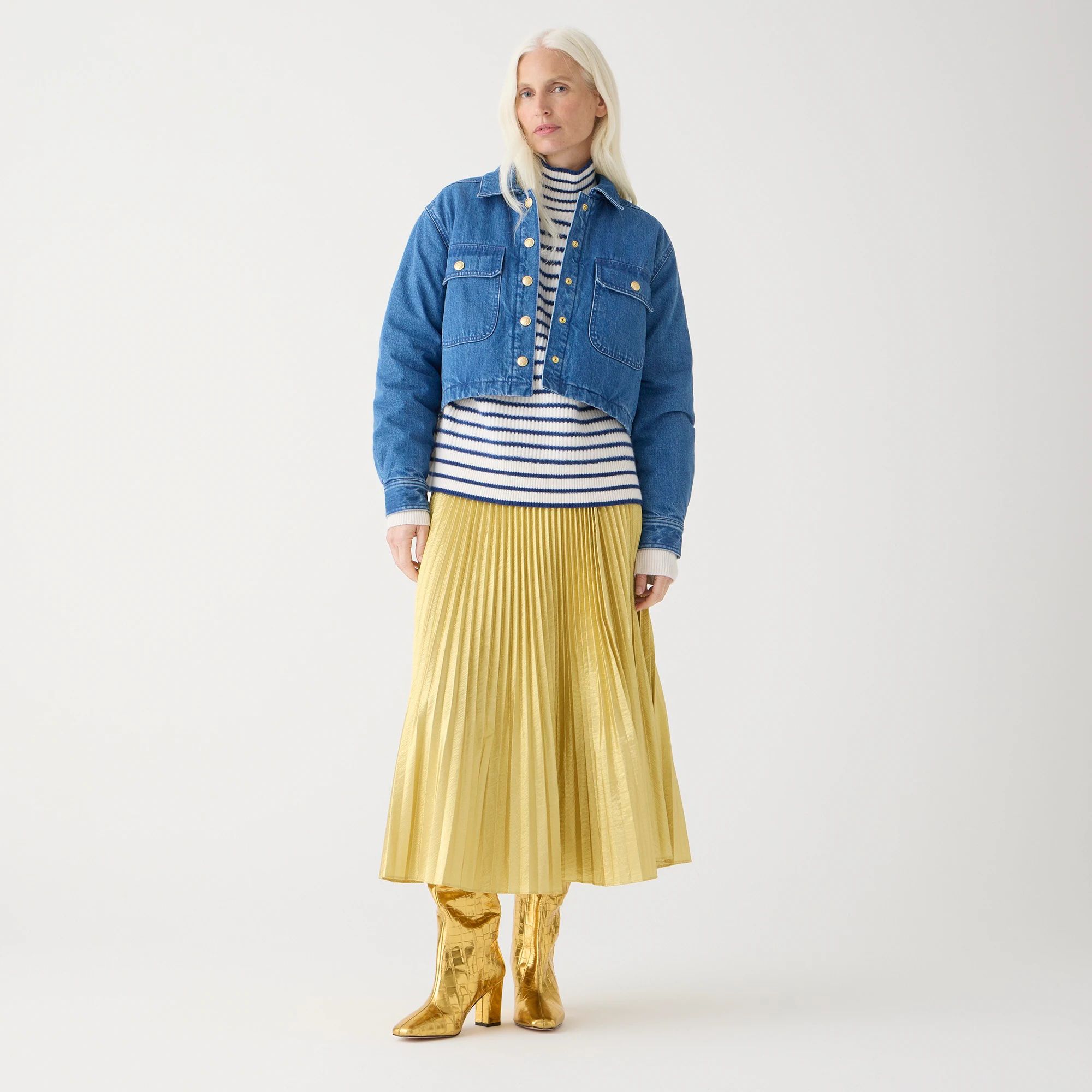 new to sale4.0(2 REVIEWS)Pleated wrap skirt in gold laméItem BV981View full details | J.Crew US
