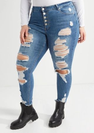 Plus Medium Wash Ripped Exposed Button Skinny Jeans | rue21
