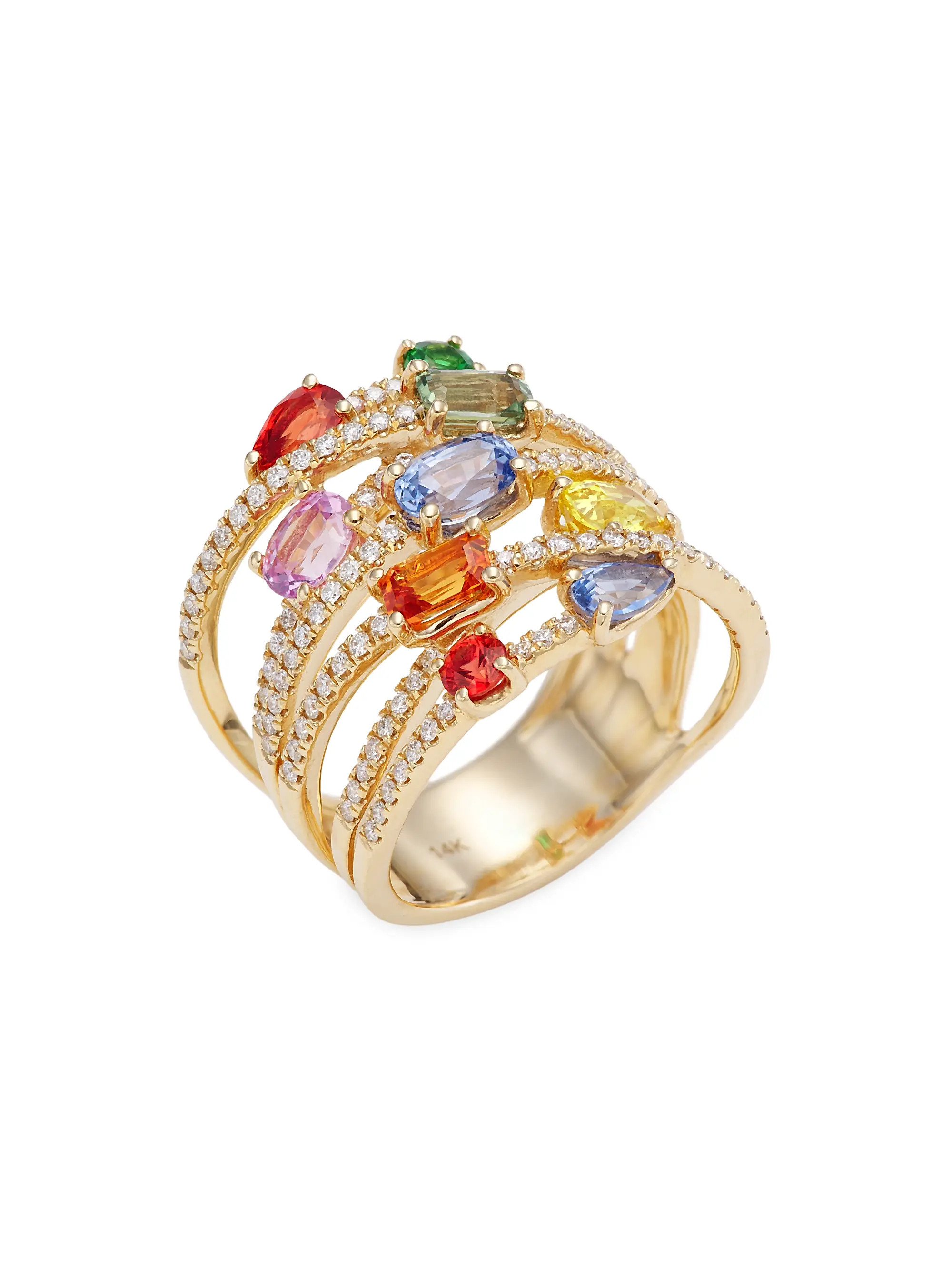 14K Gold, Diamond & Rainbow Sapphire Stacked Ring | Saks Fifth Avenue