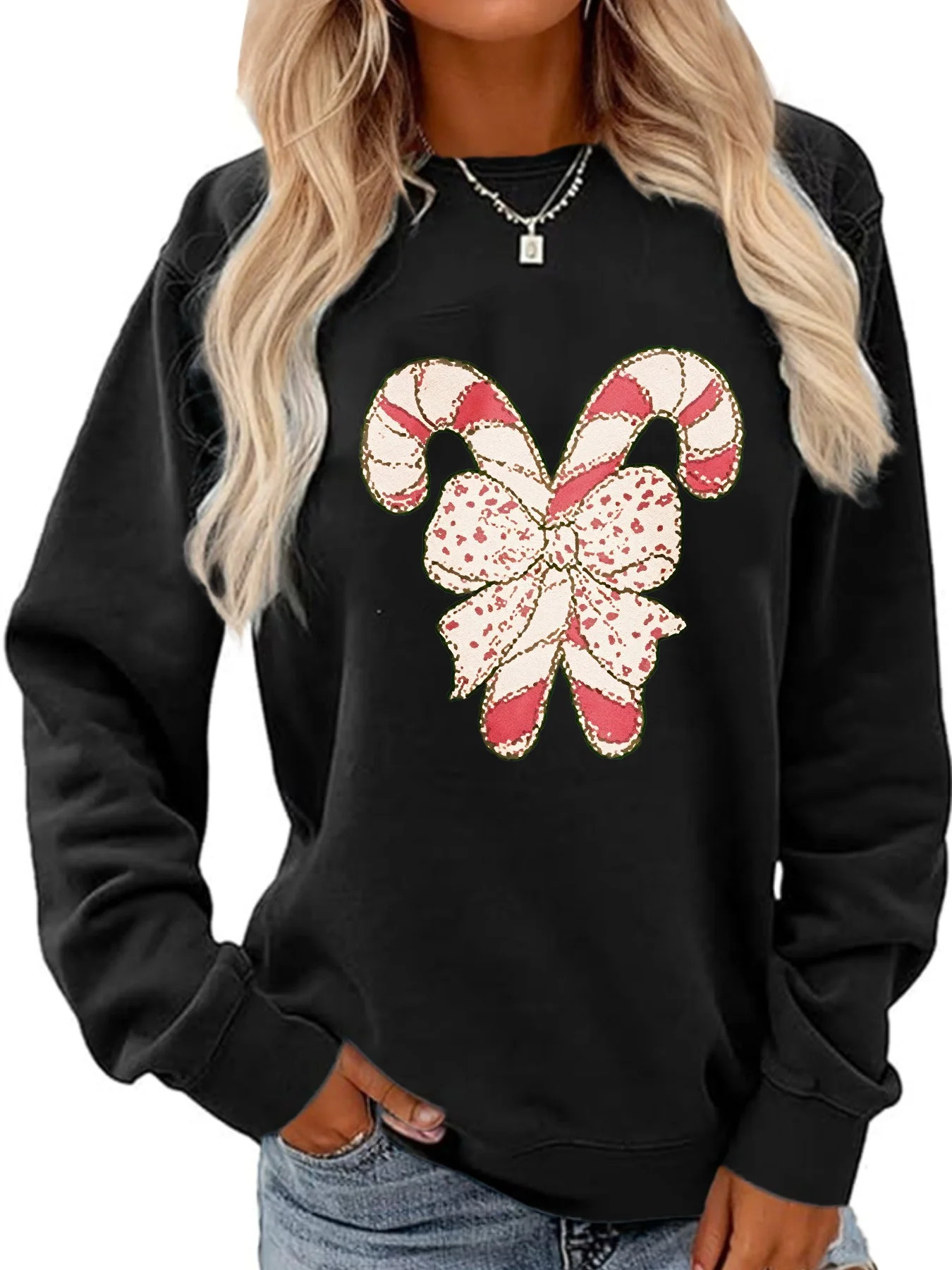 Christmas Sweatshirt Candy Canes and Bow Print Long Sleeve Shirt for Women | Walmart (US)