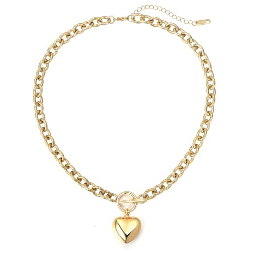 zocare Chunky Necklaces for women Gold Heart Necklace Chunky Chain Necklace Toggle Link Pendent Necklace for Women Choker Necklace Jewelry Gift | Amazon (US)