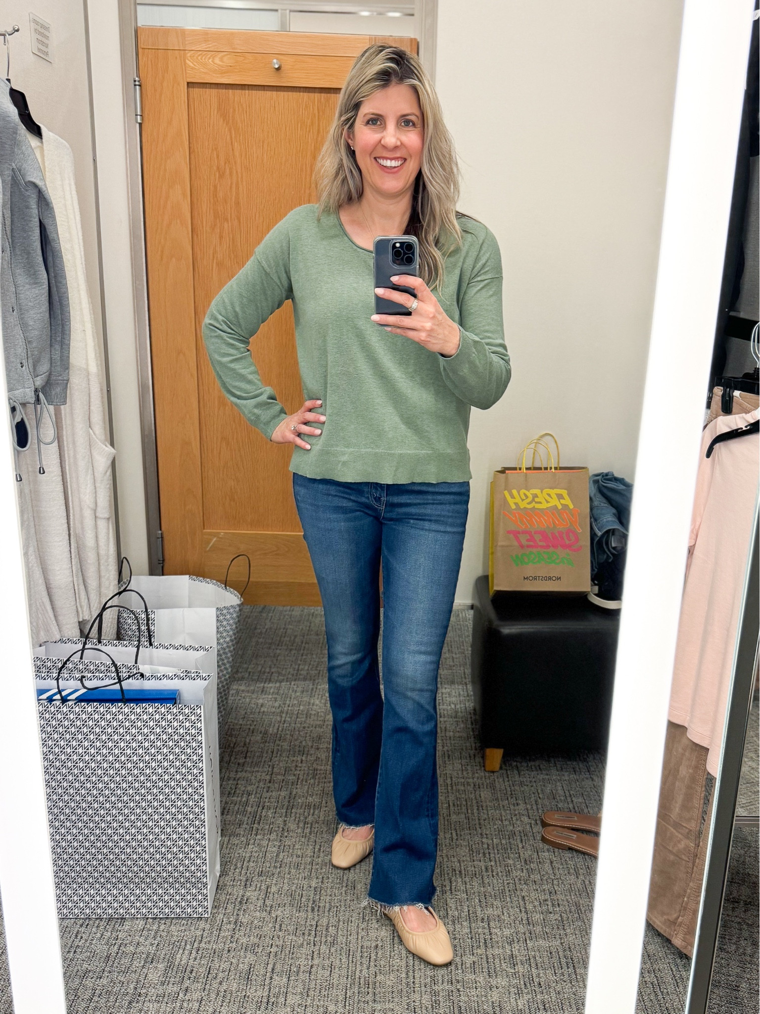Transitional fall outfit with #nsale pieces. Lightweight Faherty sweater, Mother flare jeans, Steve Madden mules. I always go up half a size for mules and slides and this pair was no exception  

#LTKsalealert #LTKSeasonal