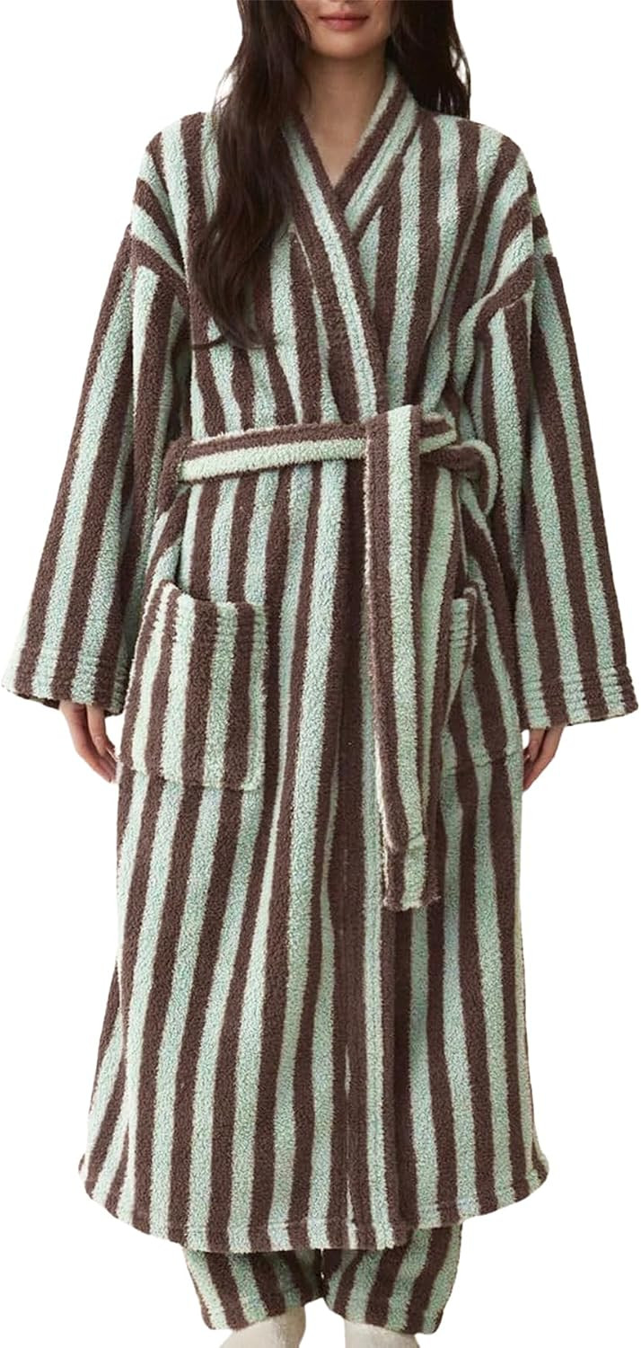 Womens Fluffy Striped Robe Belted Plush Warm Long Maxi Bathrobe | Amazon (US)