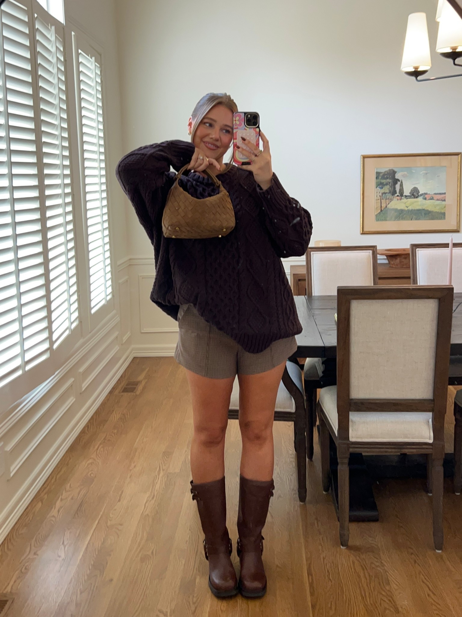 Sweater Large but it runs oversized - perfect to even wear as a mini dress. Size 30 shorts true to size love the micro short! Boots size 8. Amazon bag 

Abercrombie code AFKATHLEEN

