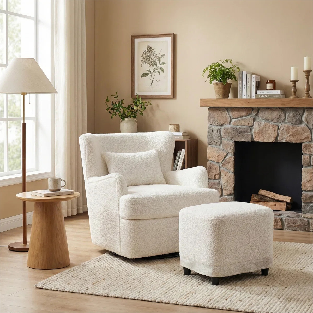 29" Wide Modern Bouclé Swivel Barrel Chair Wingback With Ottoman | Wayfair North America