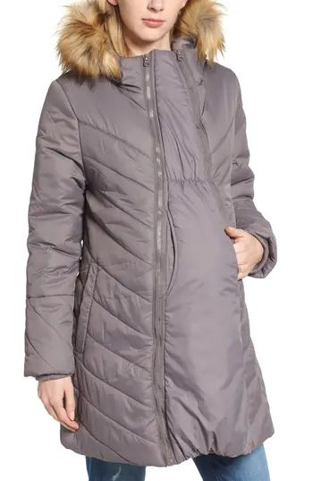 Women's Modern Eternity Faux Fur Trim Convertible Puffer 3-In-1 Maternity Jacket, Size Large - Grey | Nordstrom