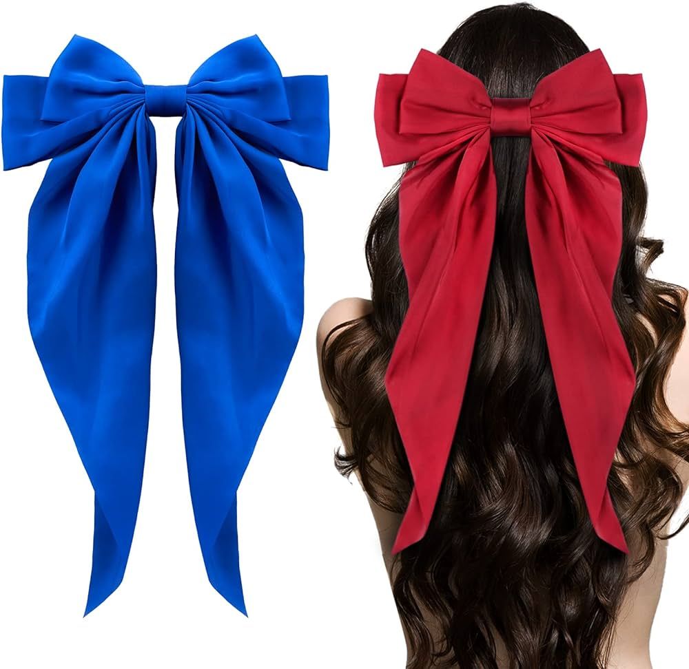 Big Bow Hair Clips 2pcs, Long Tail French Satin Silky Bow Hair Barrette for Women Girl, Red Royal... | Amazon (US)