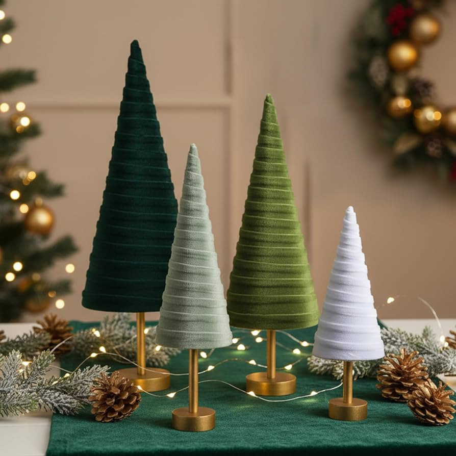 Hoolerry 4 Pcs Christmas Velvet Trees with Gold Pedestal Modern Rustic Christmas Velvet Cone Tree... | Amazon (US)