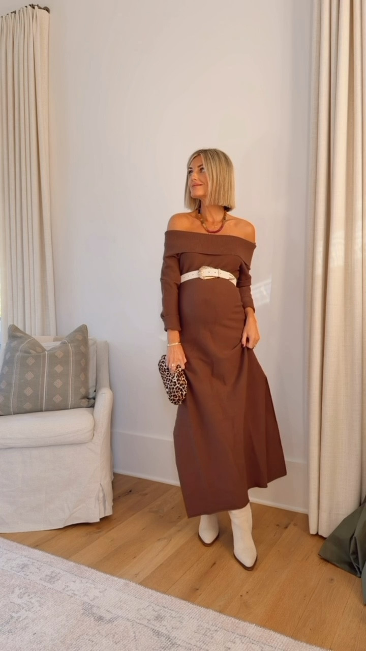 I can’t get enough of sweater dresses lately! This brown off shoulder dress is so perfect, I love the side slits and that it comes with a matching belt (I swapped it out for an ivory belt to tie in the boots). And of course, my new favorite leopard clutch adds the perfect pop of print. Such a fun look for a winery day or a girls’ weekend in the mountains! Wearing a S. Loverly Grey, fall outfit, maternity looks, sweater dresses, fall family photos 

#LTKBump #LTKSeasonal #LTKStyleTip