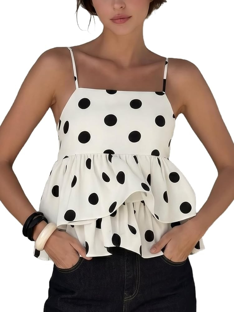 MakeMeChic Women's Polka Dots Camisole Top Ruffle Layered Y2k Sleeveless Summer Crop Tank Tops | Amazon (US)