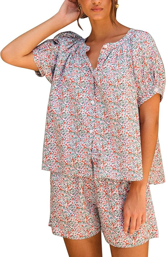 Flygo Women's Floral Pajamas Sets 2 Piece Lounge Set Button Down Tops and Soft Shorts Sleepwear w... | Amazon (US)