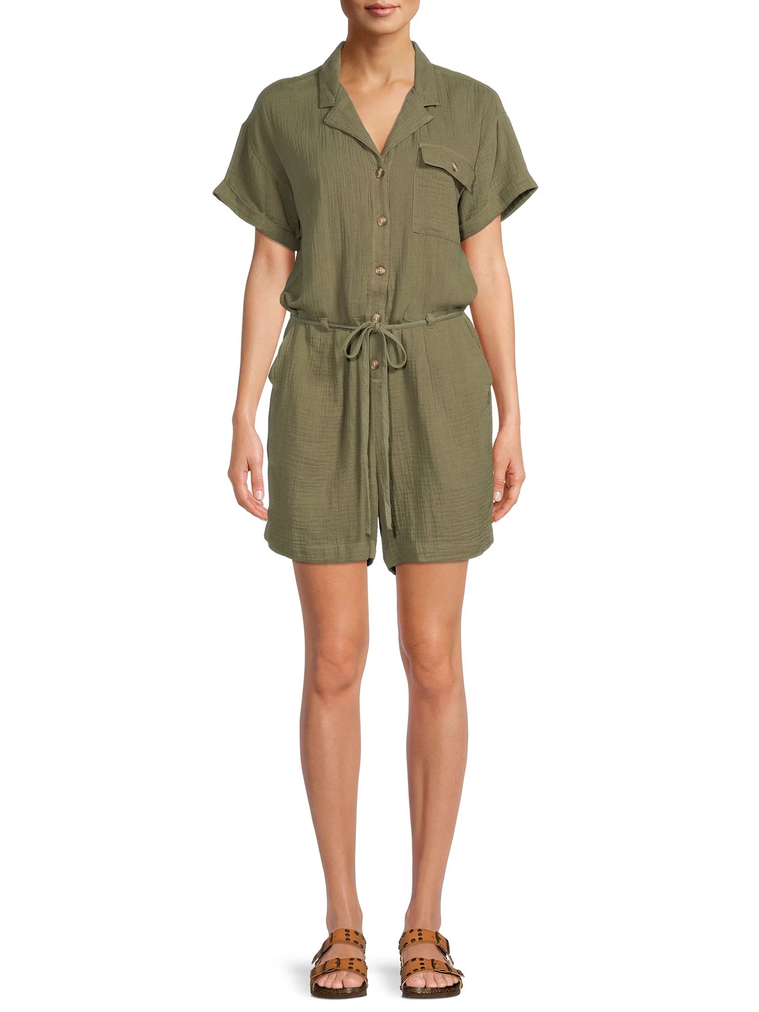 Beach Lunch Lounge Womens Cuff Sleeve Button Romper with Tie Waist - Walmart.com | Walmart (US)