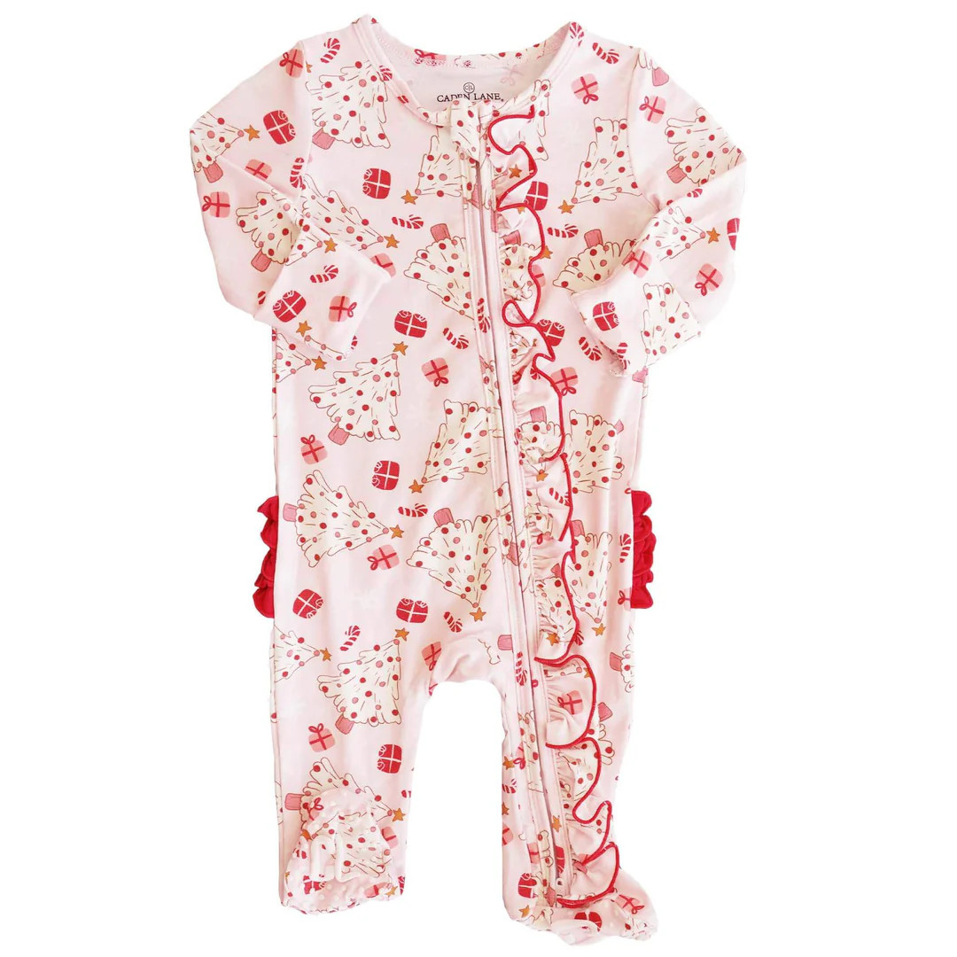 Very Merry Ruffle Zipper Footie | Pink | Caden Lane