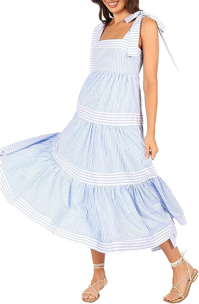 NUFIWI Women’s Tie Shoulder Striped Maxi Dress Spaghetti Strap Smocked Swing Long Dress Pleated... | Amazon (US)