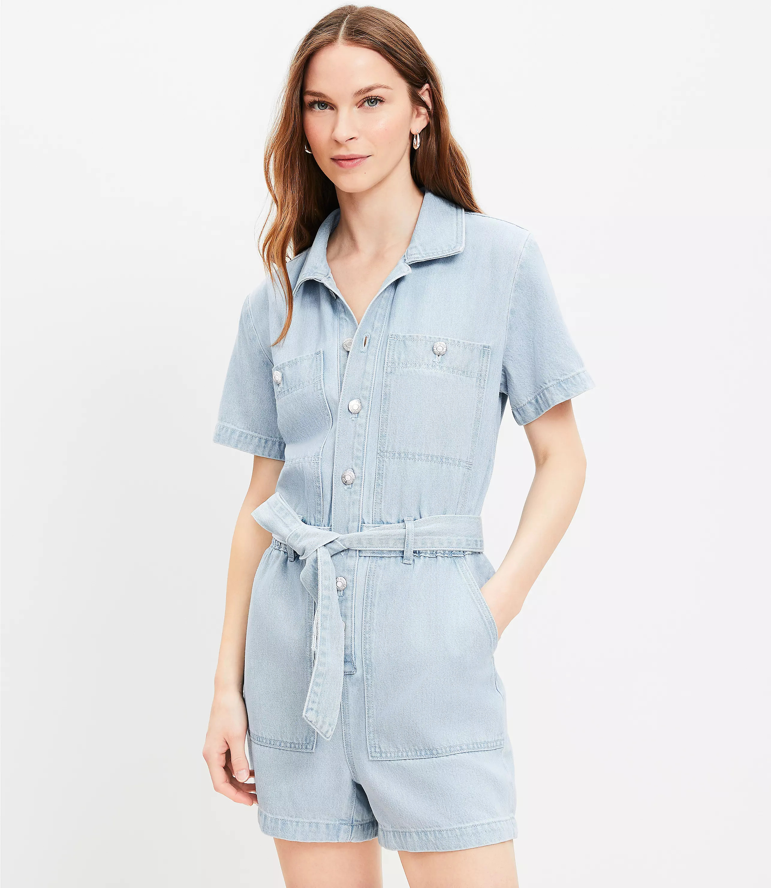 Petite Denim Utility Romper in Light Wash Indigo | LOFT