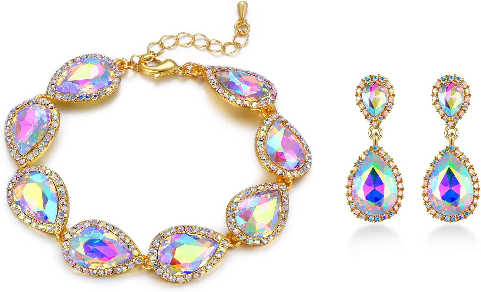 EVER FAITH Women's Crystal Elegant Bridal Prom Pear Shaped Drop Pierced Earrings Bracelet Set | Amazon (US)