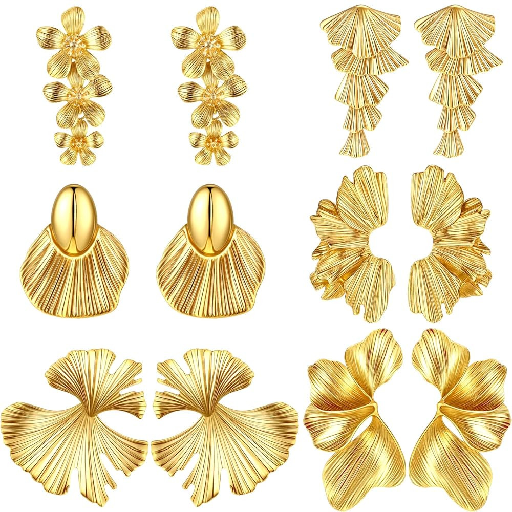 6 Pairs Chunky Gold Statement Earrings Set for Women Gold Geometric Hoop Dangle Earrings Knot Flo... | Amazon (US)