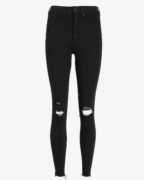 High Waisted Black Ripped Raw Hem Supersoft Skinny Jeans | Express
