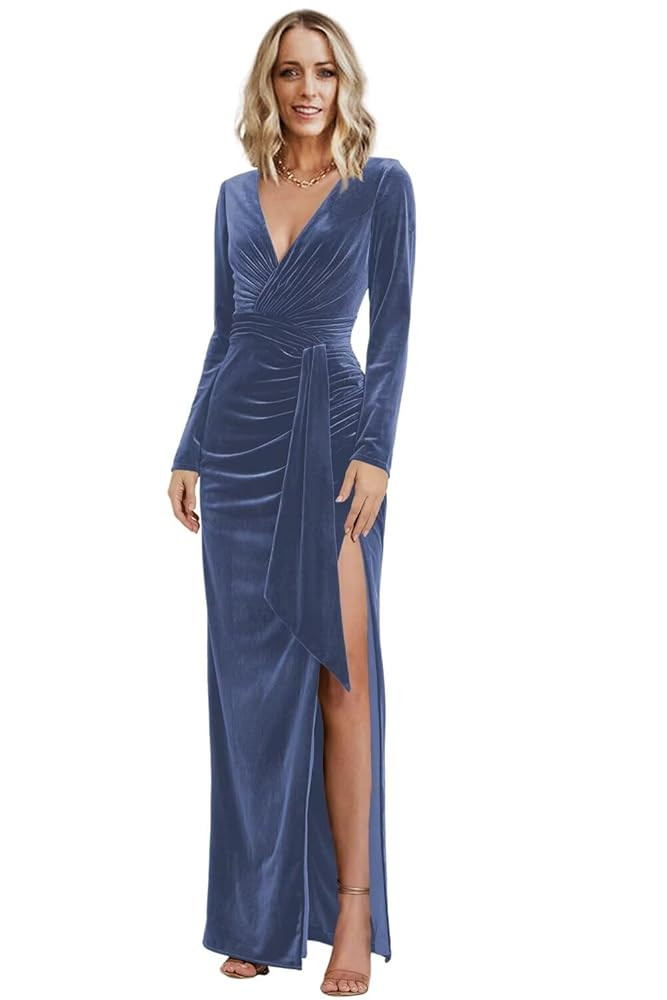 Women's V Neck Long Sleeve Bridesmaid Dresses with Slit Long Pleats Velvet Formal Dress DI180 | Amazon (US)