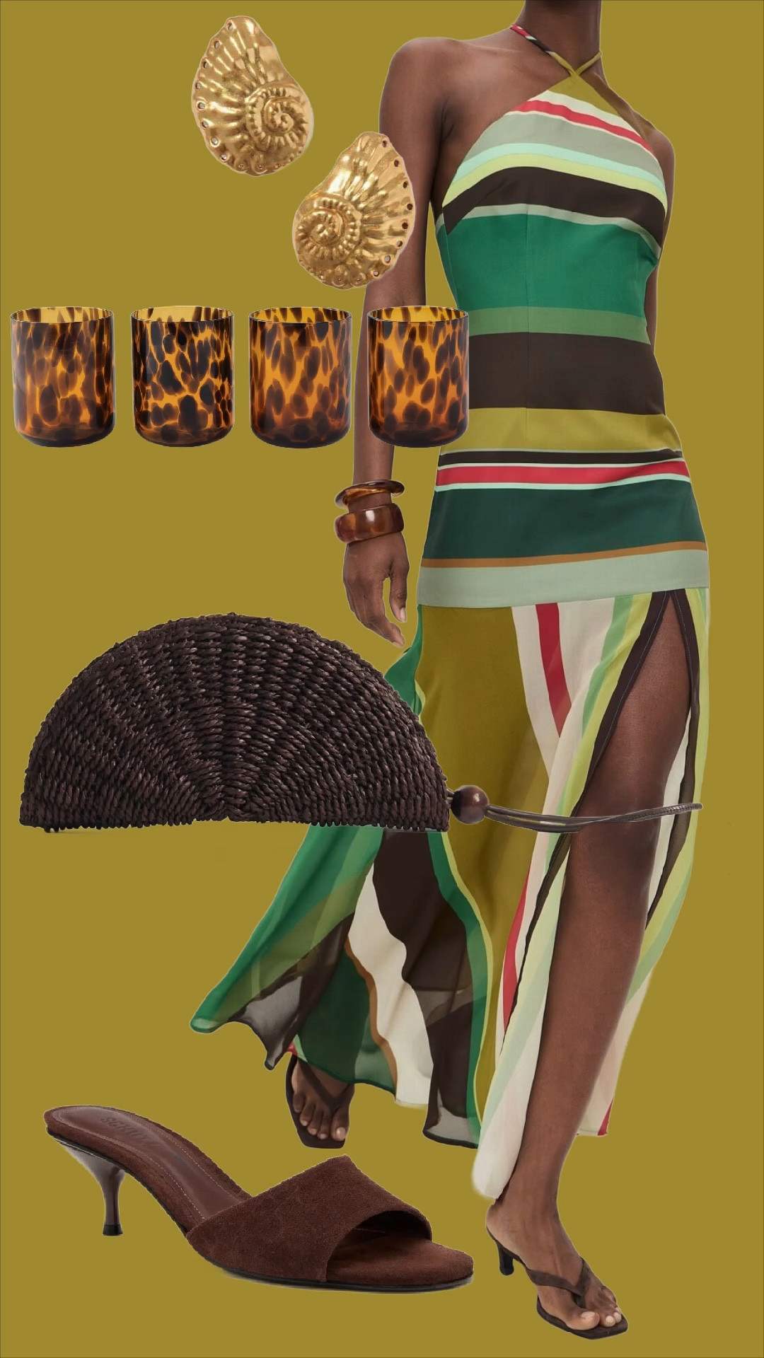 Striped resort dress! Also, these tortoise glasses are so good and only $15 for a set of 4!!! 

Resort dress, shell earrings, chocolate brown heels, beach vacation, Bahamas, Mexico outfits, straw bag, raffia bag, raffia clutch 