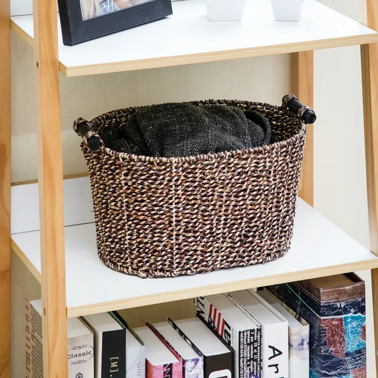 Mainstays Brown Oval 2-Hue Seagrass Storage Basket with Wooden Handles, 8.31 in. x 10 in. x 14.31... | Walmart (US)